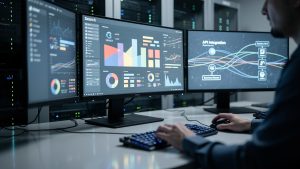 Infrastructure informatique moderne illustrant l’intégration d’une API de recherche dans un environnement professionnel générique, avec des écrans abstraits et des connexions réseau lumineuses.