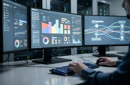Infrastructure informatique moderne illustrant l’intégration d’une API de recherche dans un environnement professionnel générique, avec des écrans abstraits et des connexions réseau lumineuses.
