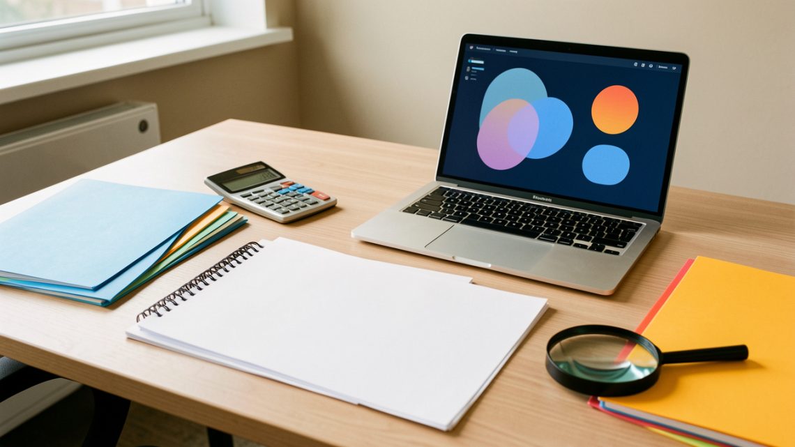 Bureau professionnel avec des documents vierges, un ordinateur affichant une interface abstraite, une calculatrice et des dossiers colorés, illustrant la comparaison de propositions d’agences web pour une PME.