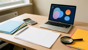 Bureau professionnel avec des documents vierges, un ordinateur affichant une interface abstraite, une calculatrice et des dossiers colorés, illustrant la comparaison de propositions d’agences web pour une PME.