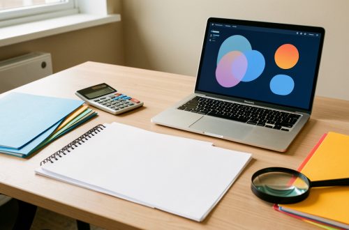 Bureau professionnel avec des documents vierges, un ordinateur affichant une interface abstraite, une calculatrice et des dossiers colorés, illustrant la comparaison de propositions d’agences web pour une PME.