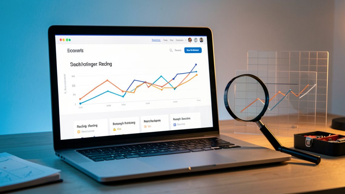 Ordinateur portable présentant une refonte visuelle de boutique en ligne avec des indicateurs abstraits de baisse et de récupération du référencement, accompagné d’une loupe et d’outils de travail.