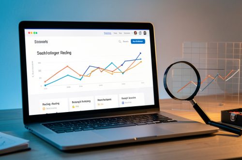 Ordinateur portable présentant une refonte visuelle de boutique en ligne avec des indicateurs abstraits de baisse et de récupération du référencement, accompagné d’une loupe et d’outils de travail.
