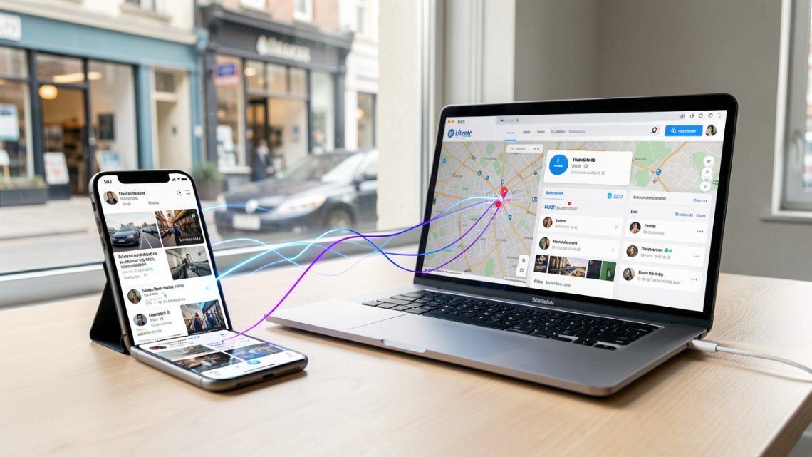 Smartphone, ordinateur portable et carte locale reliés par des lignes lumineuses pour illustrer une stratégie de référencement local coordonnée.