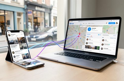 Smartphone, ordinateur portable et carte locale reliés par des lignes lumineuses pour illustrer une stratégie de référencement local coordonnée.