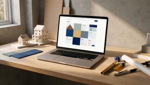 Espace de travail d’un studio d’architecture avec un ordinateur affichant une interface web abstraite, des maquettes et des outils de dessin.