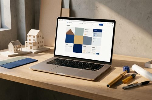 Espace de travail d’un studio d’architecture avec un ordinateur affichant une interface web abstraite, des maquettes et des outils de dessin.
