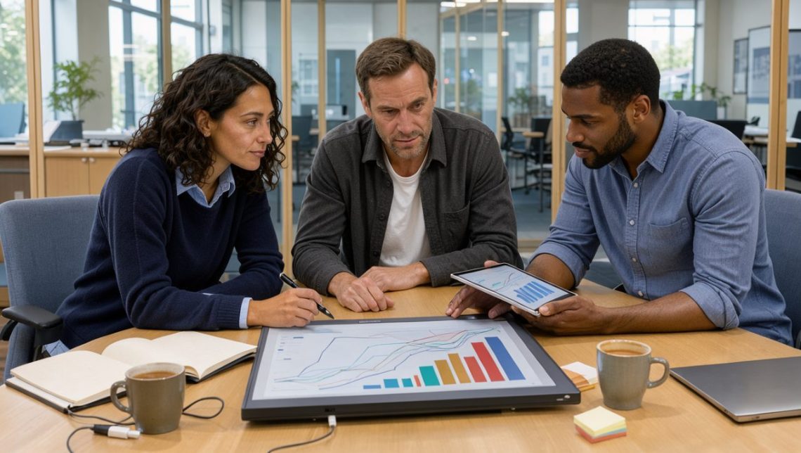 Réunion stratégique de trois professionnels dans une agence web lumineuse, devant un tableau de bord présentant des courbes de trafic, de leads et de chiffre d’affaires.