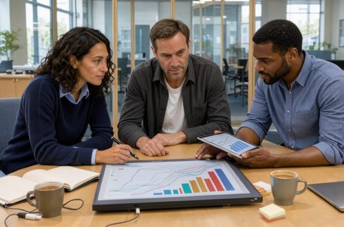Réunion stratégique de trois professionnels dans une agence web lumineuse, devant un tableau de bord présentant des courbes de trafic, de leads et de chiffre d’affaires.